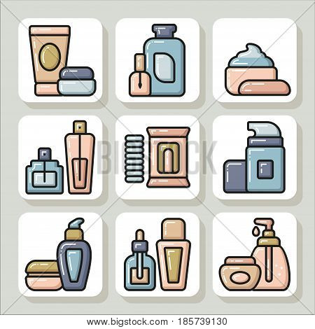 Set of beauty cosmetic tubes bottles jars icons. Vector Isolated flat colorful illustration.