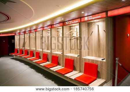 Amsterdam, Netherlands - April, 2017: Interior view of dressing room on Amsterdam Ajax Football Arena
