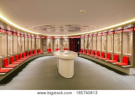 Amsterdam, Netherlands - April, 2017: Interior view of dressing room on Amsterdam Ajax Football Arena
