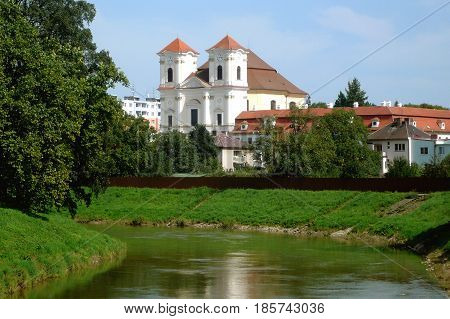 One of the churches in the Moravian village of Straznice with two towers with clock