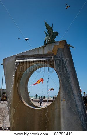 MARINA di CECINA ITALY - May 07 2017: Largo Cairoli during the Kite Festival and the flowers the fountain