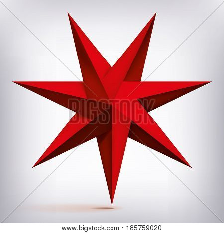Volume seven-pointed twisted star, 3d object, red geometry shape, mesh version, abstract vector