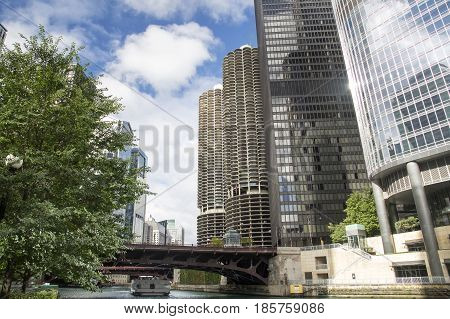 Chicago downtown and the Michigan Avenue Bridge (officially DuSable Bridge)