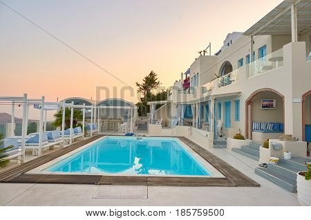 SANTORINI, GREECE - CIRCA AUGUST, 2015: view of Andromeda Villas at morning. Andromeda Villas is a hotel are situated in Imerovigli, Santorini island.