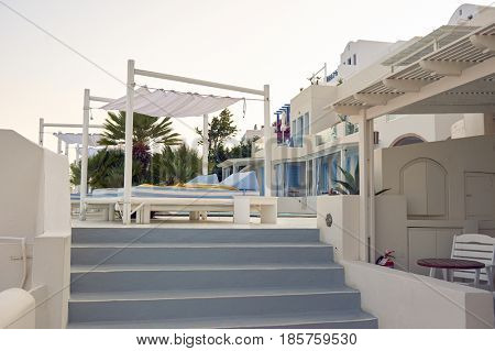 SANTORINI, GREECE - CIRCA AUGUST, 2015: view of Andromeda Villas. Andromeda Villas is a hotel are situated in Imerovigli, Santorini island.