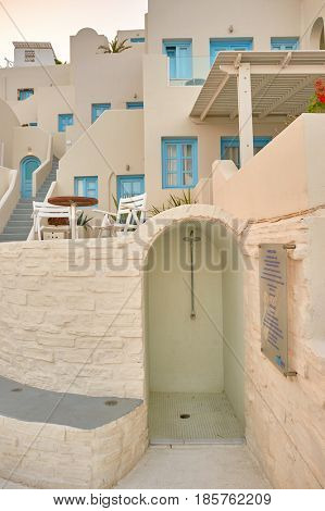 SANTORINI, GREECE - CIRCA AUGUST, 2015: Andromeda Villas at morning. Andromeda Villas is a hotel are situated in Imerovigli, Santorini island.
