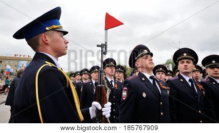 Orel Russia - May 9 2017: Celebration of 72th anniversary of the Victory Day (WWII). Military men marching horizontal