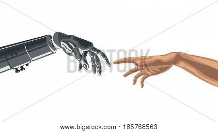 Robots Mechanical Finger touching a Humans Finger.  Artificial Intelligence Futuristic technology concept vector.