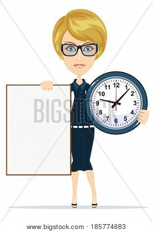 Woman holding a blank poster and clock. Stock vector illustration for poster, greeting card, website, ad, business presentation, advertisement design.