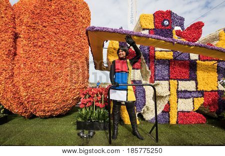 NOORDWIJK NETHERLANDS - 22 APRIL 2017: Platform with tulips and hyacinths during the traditional flowers parade Bloemencorso from Noordwijk to Haarlem in the Netherlands.