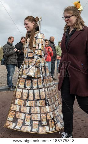 NOORDWIJK NETHERLANDS - 22 APRIL 2017: Platform with tulips and hyacinths during the traditional flowers parade Bloemencorso from Noordwijk to Haarlem in the Netherlands.