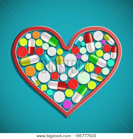 Human heart with tablets and pills. Stock vector illustration in a style of flat graphics