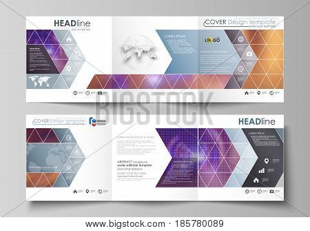 Set of business templates for tri fold square design brochures. Leaflet cover, abstract flat layout, easy editable vector. Bright color colorful design, beautiful futuristic background.