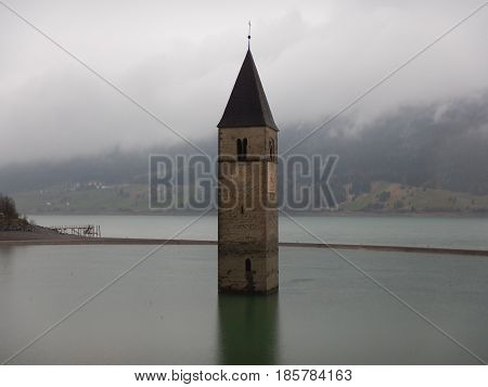 Tower Of Sunken Church In Resia Lake