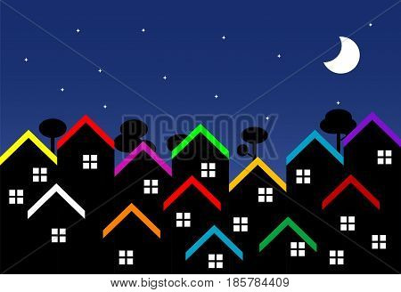 Night city vector illustration with houses in different roofs. Real estate concept. Vector