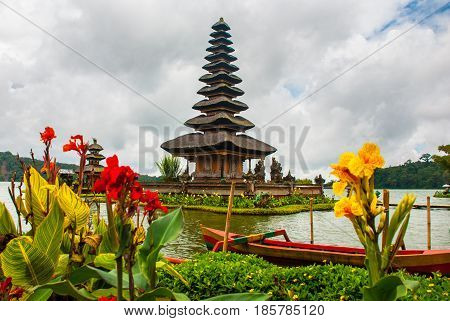 Pura Ulun Danu Batur Temple In Lake With Flowers. Bali, Indonesia.