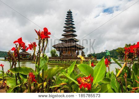 Pura Ulun Danu Batur Temple In Lake With Flowers. Bali, Indonesia.