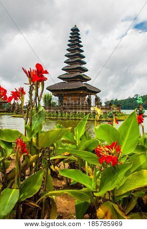 Pura Ulun Danu Batur Temple In Lake With Flowers. Bali, Indonesia.
