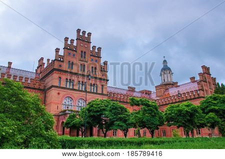 Old manor of an abandoned castle near the pine