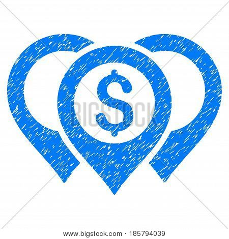 Grunge Dollar Map Pointers icon with grunge design and unclean texture. Unclean vector blue pictogram for rubber seal stamp imitations and watermarks. Draft sign symbol.
