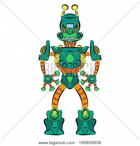 Robot dog of green color with yellow ears in sneakers