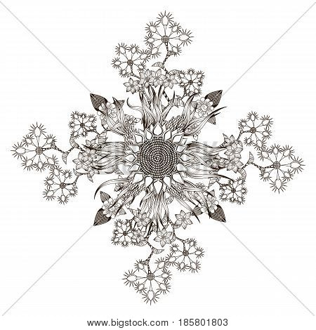 Mandala bouquet of wildflowers and daffodils form a diamond