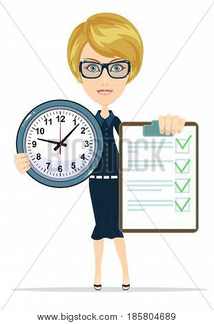 Woman holding an agreement and clock. Stock vector illustration for poster, greeting card, website, ad, business presentation, advertisement design.