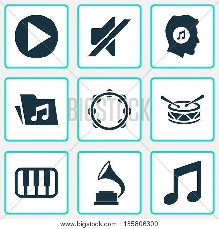 Audio Icons Set. Collection Of Meloman, Barrel, Start And Other Elements. Also Includes Symbols Such As Mute, Note, Antique.