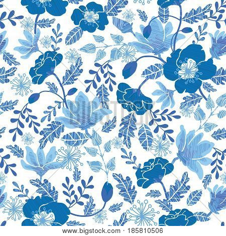 Vector navy and denim blue textured spring flowers seamless repeat pattern bacgkround design. Great for springtime greeting cards, invitations, wedding, fabric, wallpaper, wrapping projects. Surface pattern design.