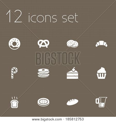 Set Of 12 Stove Icons Set.Collection Of Slice Bread, Cake, Sweetmeat And Other Elements.