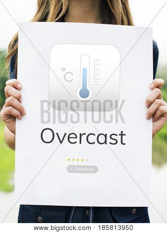 Woman holding billboard network graphic overlay