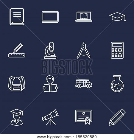 Set Of 16 Education Outline Icons Set.Collection Of Compass, Calculator, Diploma And Other Elements.
