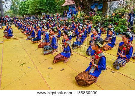 NAKORN PHANOM THAILAND - FEBRUARY 14, 2015: Thai northeastern dance in Phutai world event day in Renunakorn of Nakorn Phanom, Thailand.