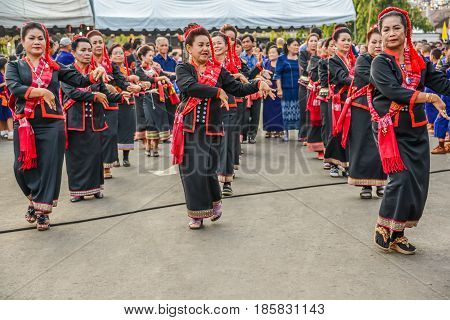 NAKORN PHANOM THAILAND - FEBRUARY 14, 2015: Thai northeastern dance in Phutai world event day in Renunakorn of Nakorn Phanom, Thailand.