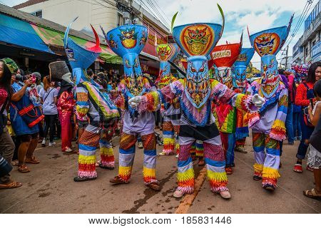 LOEI THAILAND - JUNE 27, 2015: Thai northeastern traditional Phi Ta Khon ghost festival parade in Dansai of Loei, Thailand.
