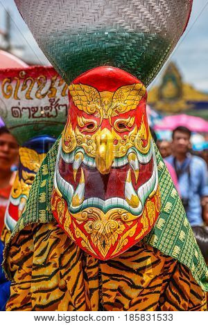 LOEI THAILAND - JUNE 27, 2015: Thai northeastern traditional Phi Ta Khon ghost festival parade in Dansai of Loei, Thailand.