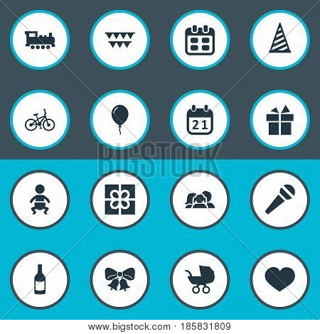 Vector Illustration Set Of Simple Birthday Icons. Elements Ribbon, Aerostat, Train And Other Synonyms Beverage, Party And Jingle.