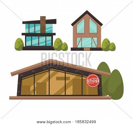 Three fashionable shops with french windows colorful vector poster in flat design. Buildings made of bricks and wood with big panoramic casements near green bushes and one with shop inscription