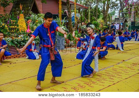 NAKORN PHANOM THAILAND - FEBRUARY 14, 2015: Thai northeastern dance in Phutai world event day in Renunakorn of Nakorn Phanom, Thailand.