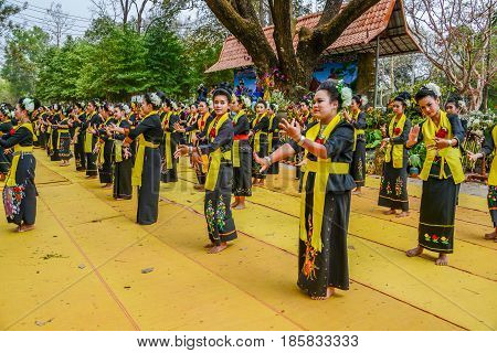 NAKORN PHANOM THAILAND - FEBRUARY 14, 2015: Thai northeastern dance in Phutai world event day in Renunakorn of Nakorn Phanom, Thailand.