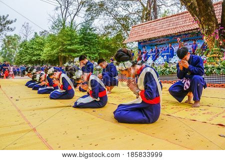 NAKORN PHANOM THAILAND - FEBRUARY 14, 2015: Thai northeastern dance in Phutai world event day in Renunakorn of Nakorn Phanom Thailand