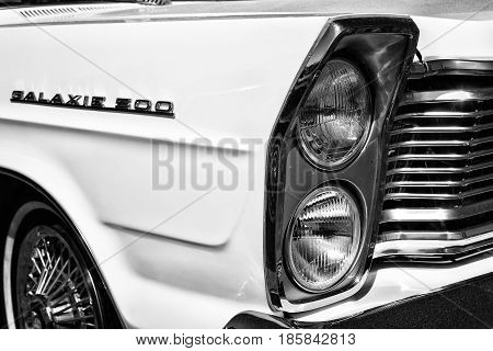 PAAREN IM GLIEN GERMANY - MAY 19: Detail of the front of the full-size car Ford Galaxie 500 (Third generation) black and white 