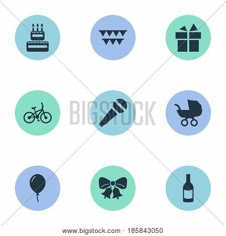 Vector Illustration Set Of Simple Birthday Icons. Elements Beverage, Speech, Confectionery And Other Synonyms Sweetmeat, Microphone And Gift.