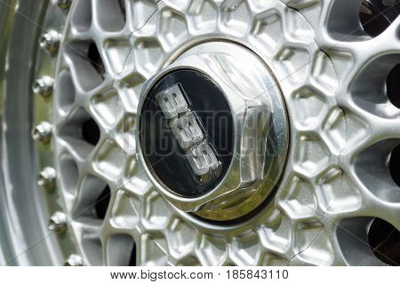 PAAREN IM GLIEN GERMANY - MAY 19: Wheel disk BBS The oldtimer show in MAFZ May 19 2013 in Paaren im Glien Germany. BBS Automotive Technology AG is a high performance automobile wheel design company.