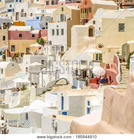 view of oia in santorini, typical greek architecture