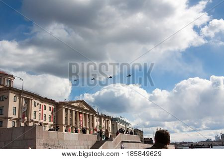 St. Petersburg, Russia - May 09: Flight Military Aeromechanics For Participation In A Parade,russia