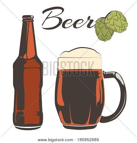 Vintage beer set - bottle and goblet with hops. Drink glass beer. Vector illustration