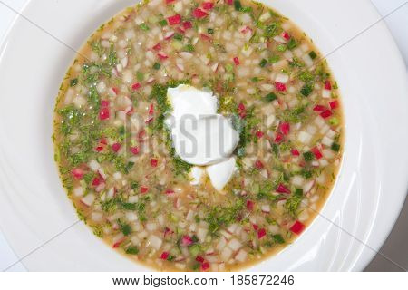 Russian Cold Vegetable Soup On Yogurt, Sour-milk Base - Okroshka