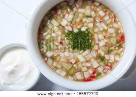 Russian Cold Vegetable Soup On Yogurt, Sour-milk Base - Okroshka