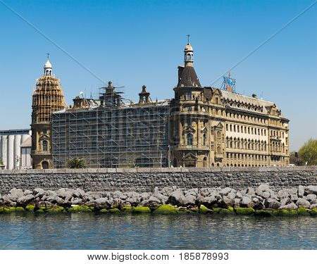 Istanbul Turkey - April 26 2017: Renovation works at Haydarpasha Railway Terminal situated in the Bosphorus Kadikoy Istanbul Turkey built in 1909 and closed in 2013 due to the rehabilitation of the Marmaray line